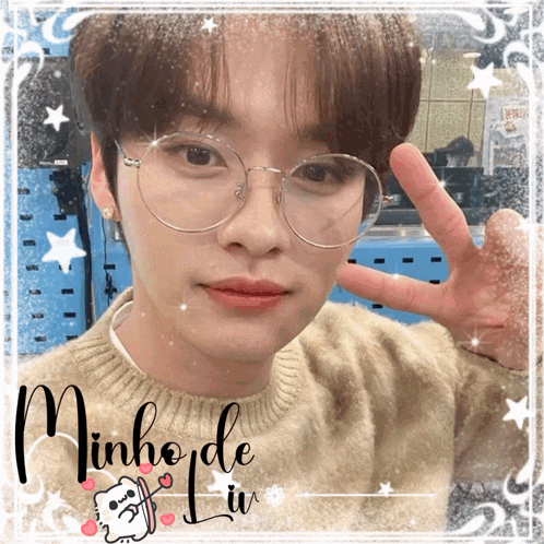 a picture of a young man with glasses and the name minho