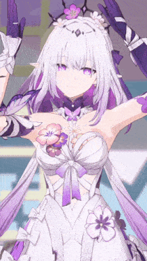 a girl with white hair and purple eyes is wearing a white and purple dress
