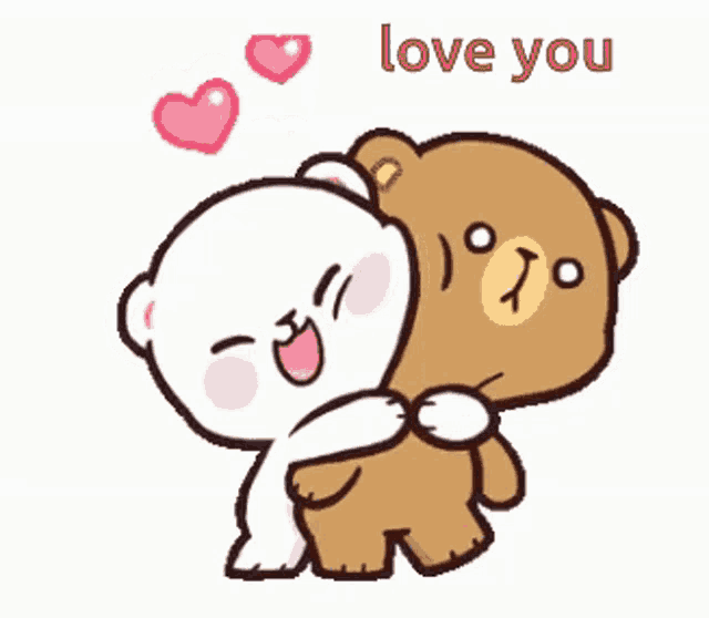a couple of teddy bears hugging each other with the words `` i love you '' written above them .