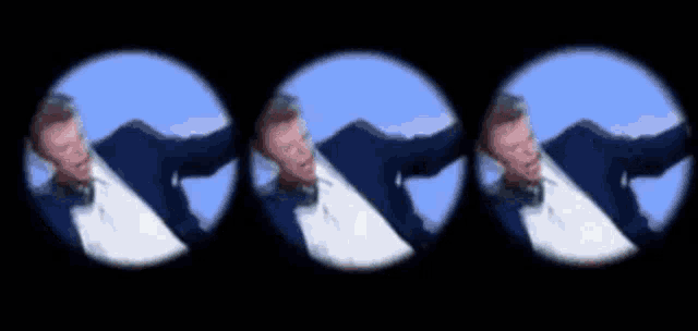 three images of a man in a tuxedo with headphones