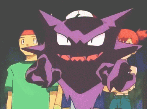a man and a girl are standing in front of a purple ghost