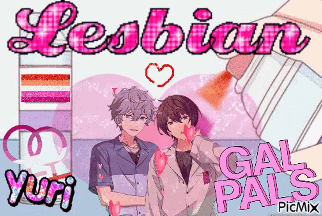 a picture of two anime characters with the words lesbian gal pals