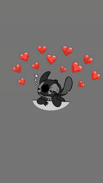 a black and white drawing of stitch surrounded by hearts on a gray background .