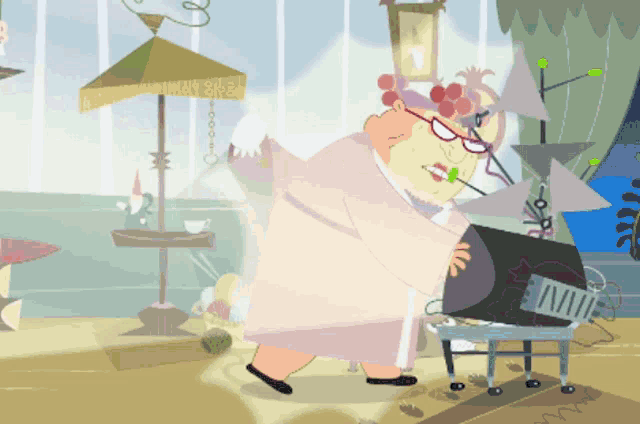 a cartoon drawing of a woman with glasses standing in front of a table