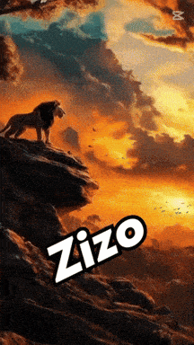a lion standing on top of a rocky cliff with the word zizo below it
