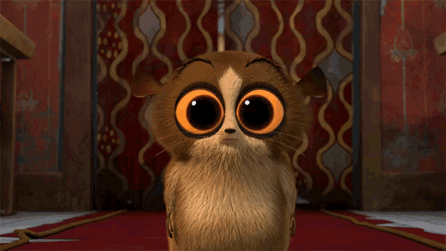 a cartoon character with big orange eyes is standing on a red rug