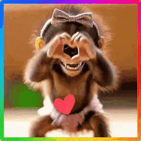 a monkey is making a heart shape with its hands while holding a red heart .
