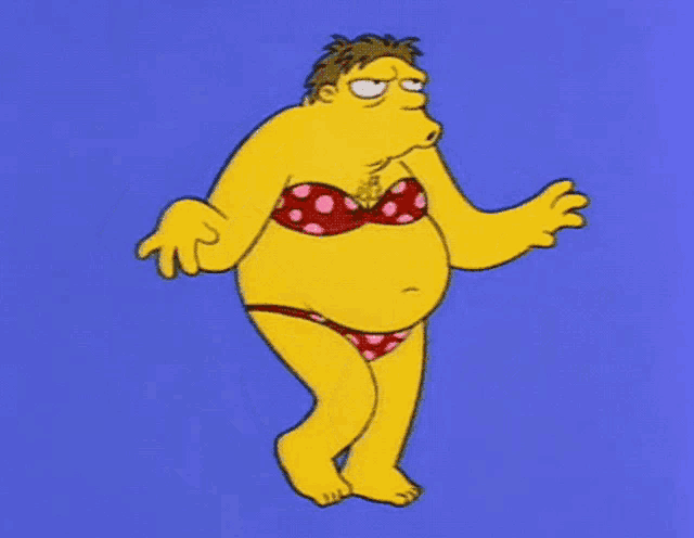 a cartoon character in a bikini is dancing on a blue background