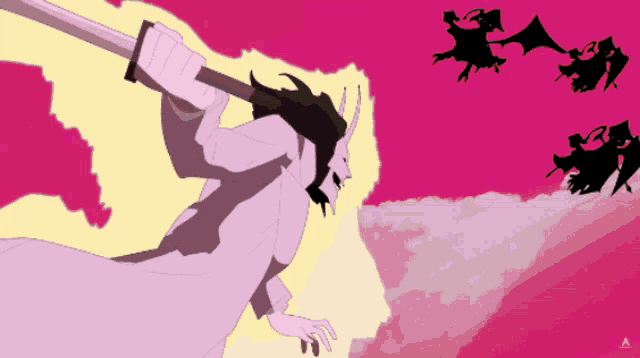 a drawing of a man holding a sword with a pink background