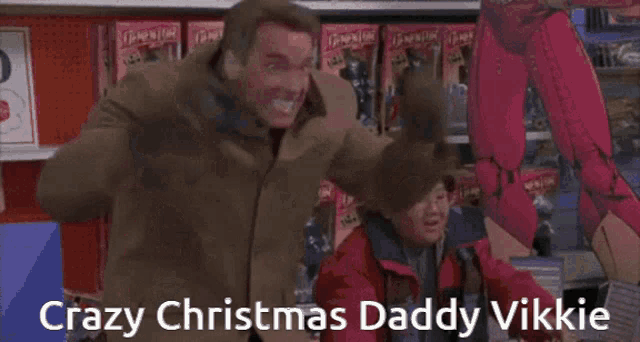 a display of christmas toys with the words crazy christmas daddy vikkie