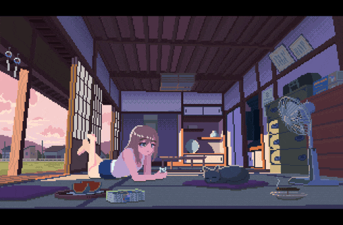 a pixel art drawing of a girl laying on the floor with a cat
