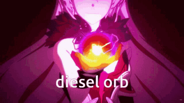 a girl is holding a glowing object with the words diesel orb written on the bottom