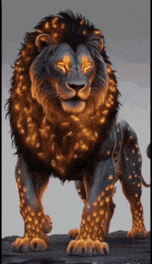 a lion with glowing eyes is standing on a rock