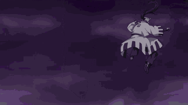 a purple samurai is holding a purple sword in his right hand