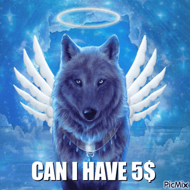 a picture of a wolf with angel wings says can i have 5 $