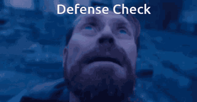 a man with a beard is looking up with the words " defense check " behind him
