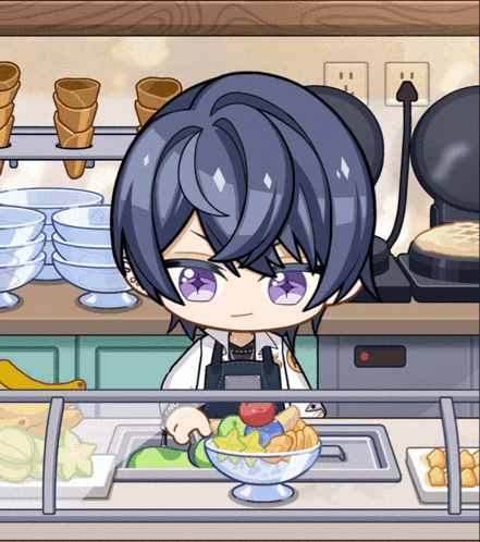 a cartoon character with purple eyes is preparing food at a counter