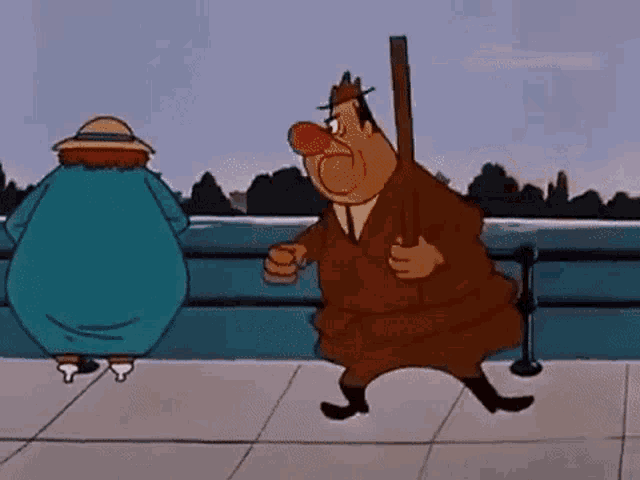 a cartoon character is walking down the sidewalk next to a woman .