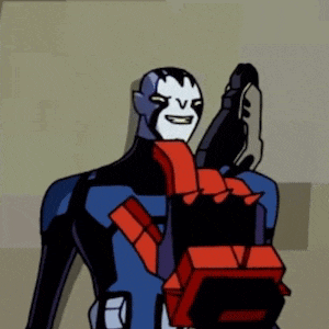 a cartoon character is holding a gun and a backpack