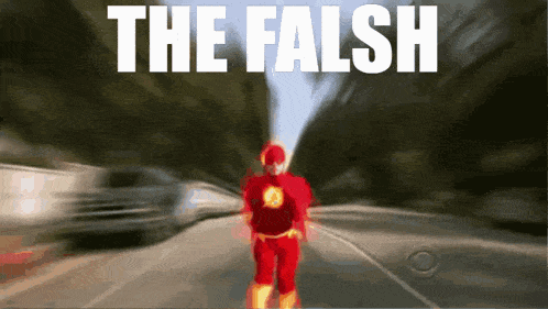 a flash is walking down a street with the words the falseh above him