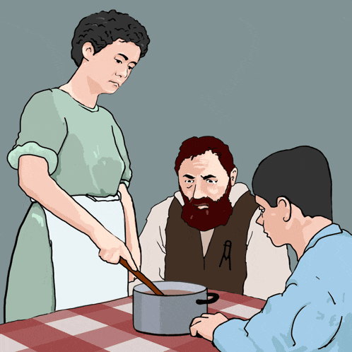 a drawing of a woman stirring a pot of food