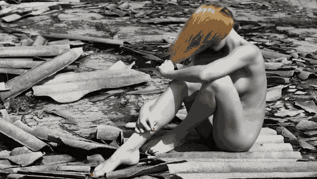 a naked woman with red nails sits on a pile of roof shingles