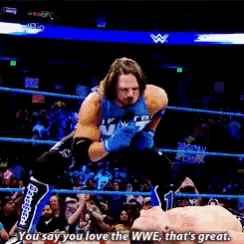 a wrestler in a wrestling ring says " you say you love the wwe that 's great "