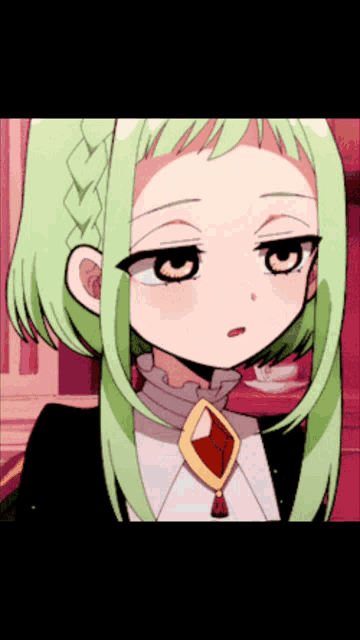 a cartoon girl with green hair and a necklace