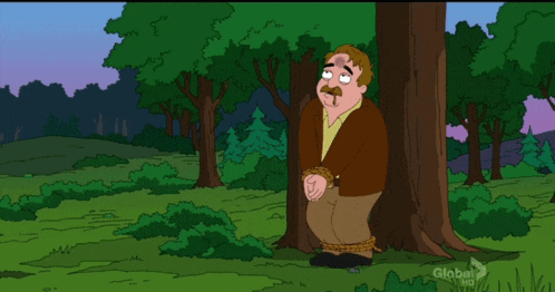 a cartoon of a man tied to a tree with the words global tv on the bottom right