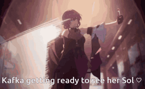 a cartoon of a woman holding a sword with the words kafka getting ready to see her sol