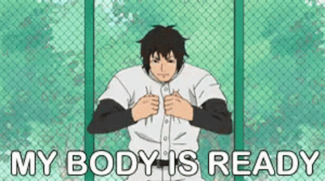 a baseball player is standing in front of a chain link fence with the words my body is ready