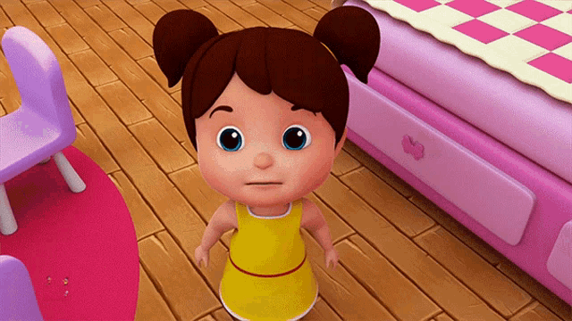 a little girl in a yellow dress stands in front of a pink bedroom