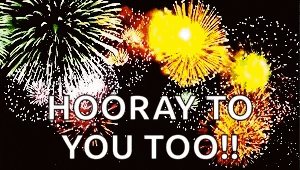 a fireworks display with the words " hooray to you too " on the bottom