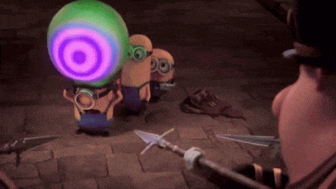 a group of minions are standing around a target