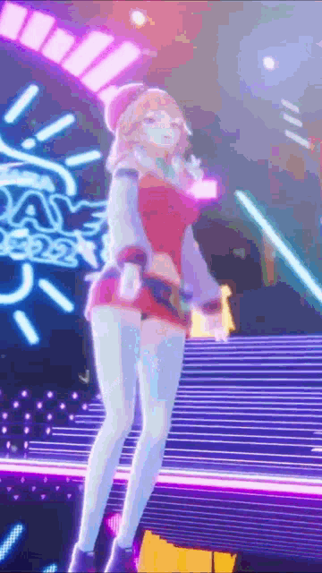 a girl is dancing in front of a neon sign that says ' a ' on it .