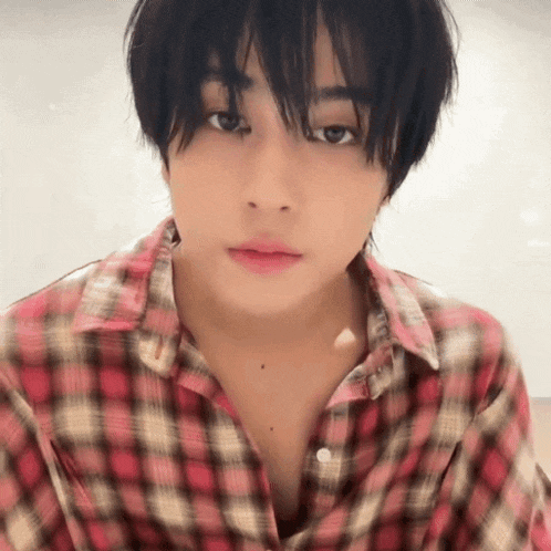 a young man in a plaid shirt looks at the camera