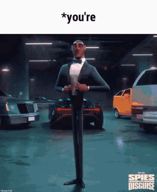 a cartoon character from the movie spies in disguise is standing in a parking garage adjusting his jacket