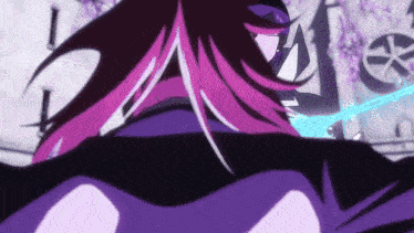 a girl with pink hair is holding a blue sword