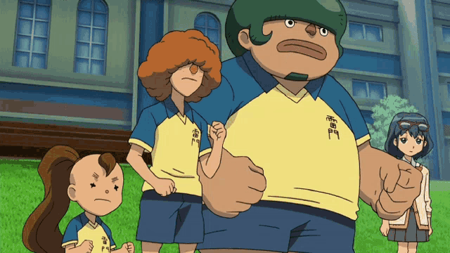 a group of cartoon characters are standing in front of a building and one of them is wearing a yellow shirt with chinese writing