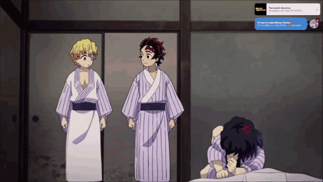 three anime characters are standing next to each other with a western union advertisement on the bottom right