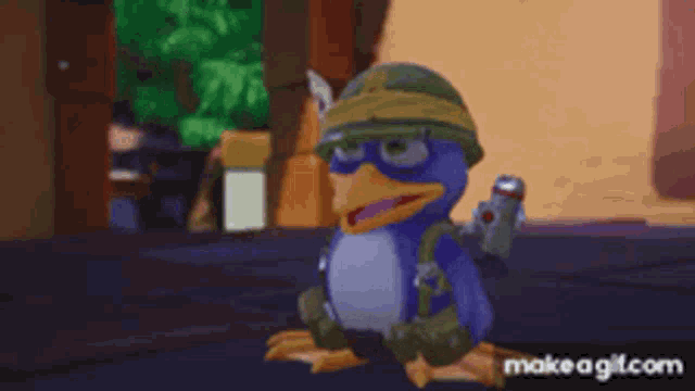 a cartoon duck wearing a helmet and holding a can of soda .