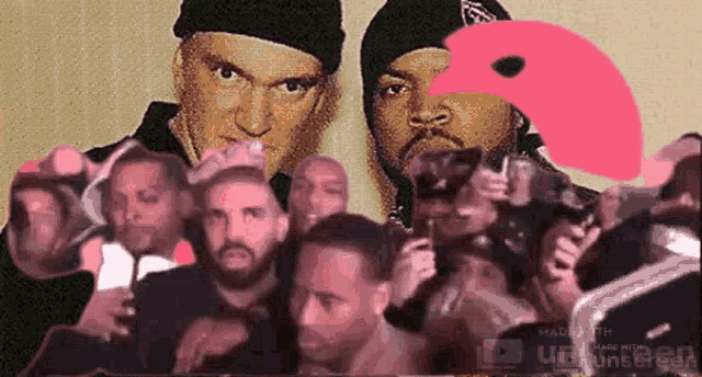 a group of men standing in front of a pink flamingo