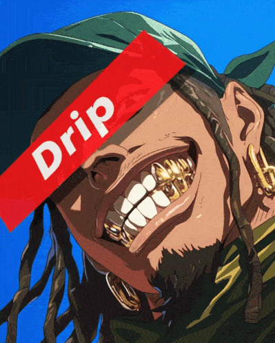 a drawing of a man with dreadlocks and gold teeth with the word drip above him