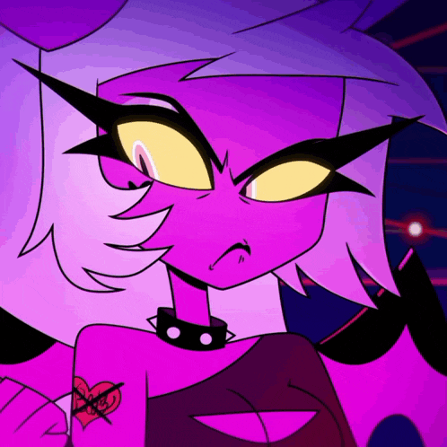 a close up of a cartoon character with purple hair