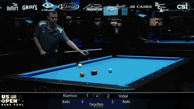 a pool table with the us open bank pool championship on the bottom