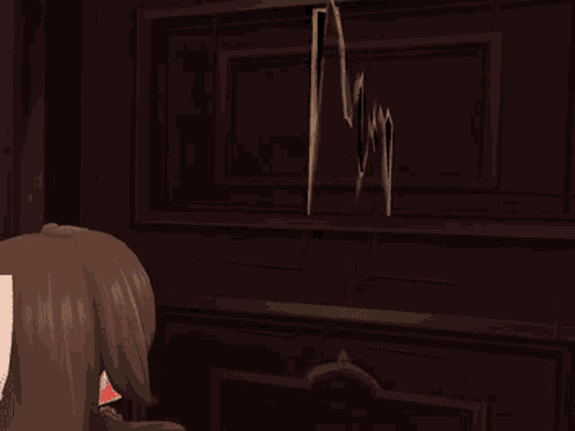 a computer generated image of a person standing in front of a wooden wall