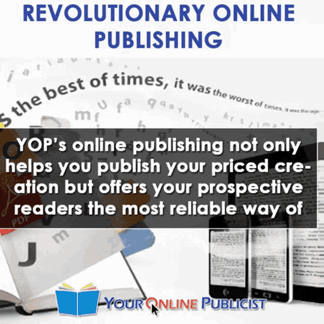 an advertisement for revolutionary online publishing shows a book and a tablet