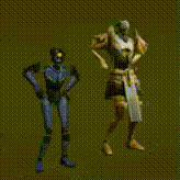 a couple of robots standing next to each other on a black background .
