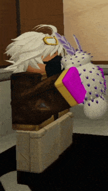 a cartoon character with white hair and purple feathers on his head