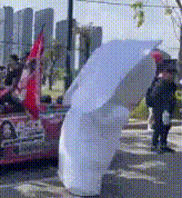 a person holding a white umbrella in a blurry photo